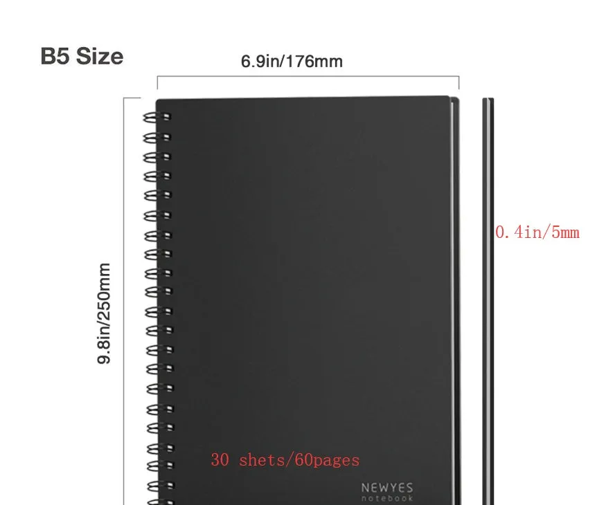 Black rewritable paper notebook open with spiral binding, erasable pen, and B5 size sheets
