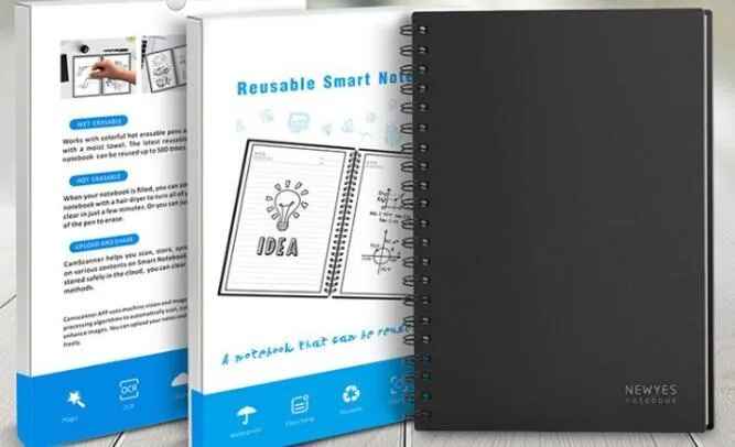 Black rewritable paper notebook open with spiral binding, erasable pen, and B5 size sheets