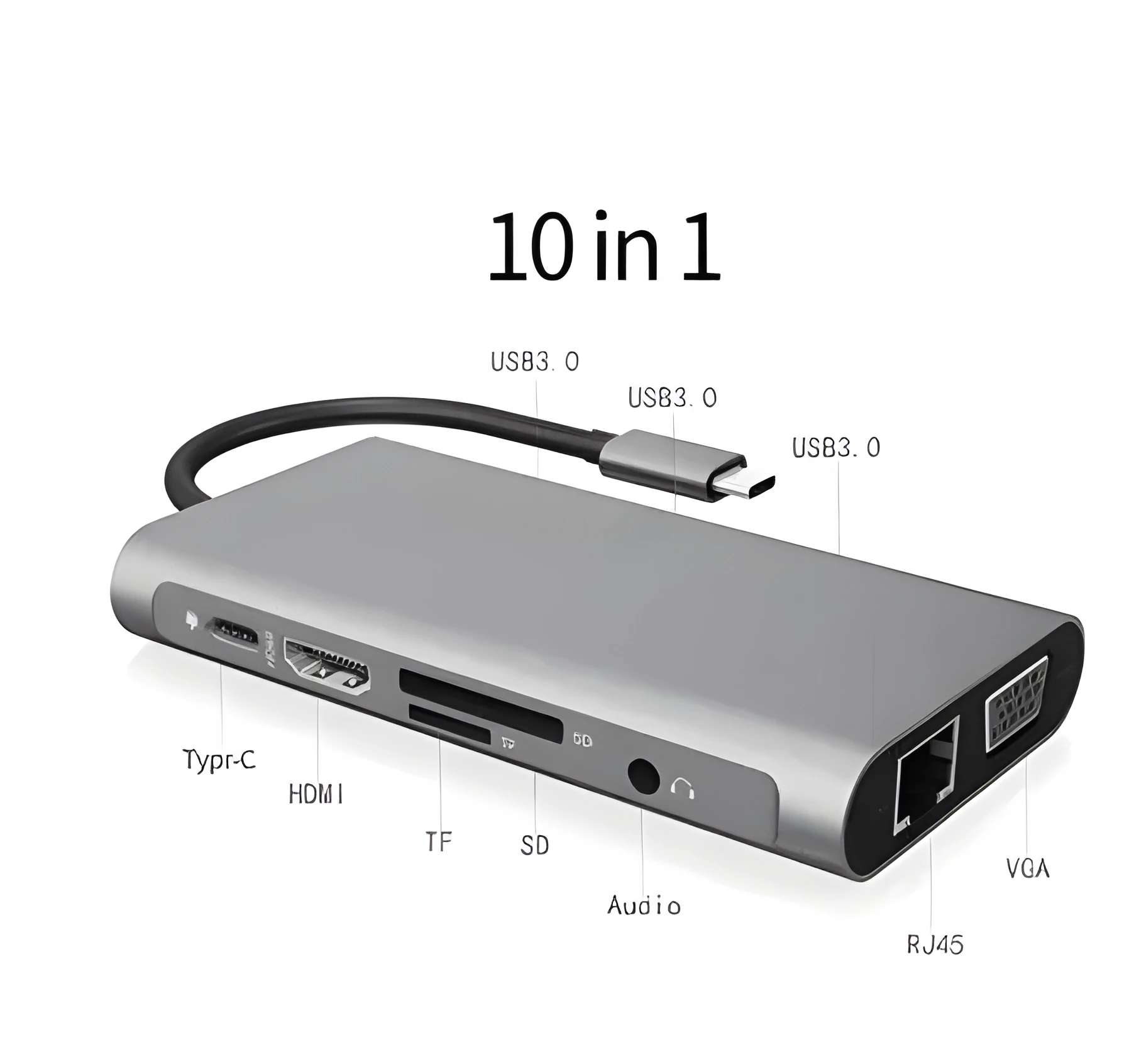 USB-C to HDMI ten-in-one expansion dock in grey with ports and integrated cable