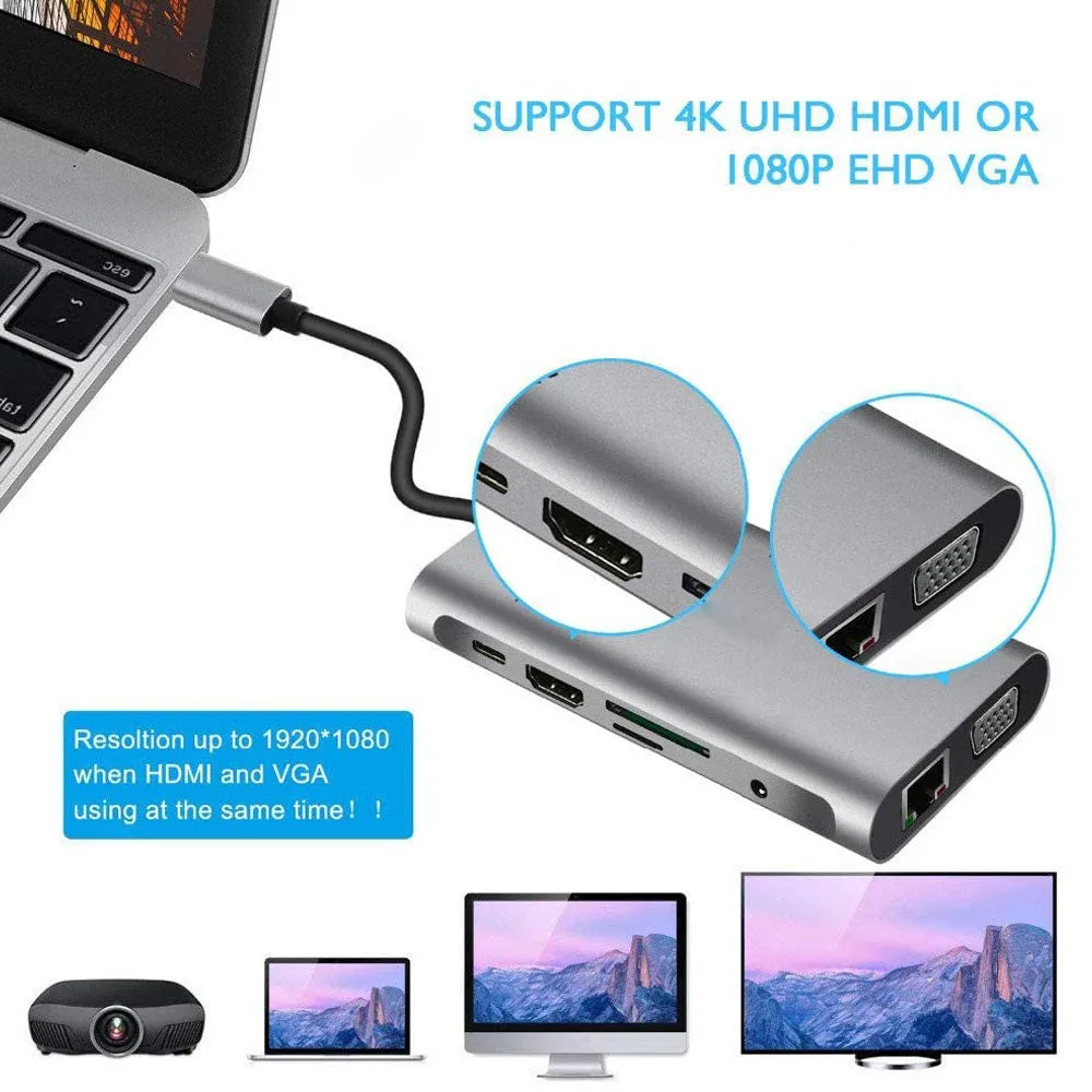 USB-C to HDMI ten-in-one expansion dock in grey with ports and integrated cable