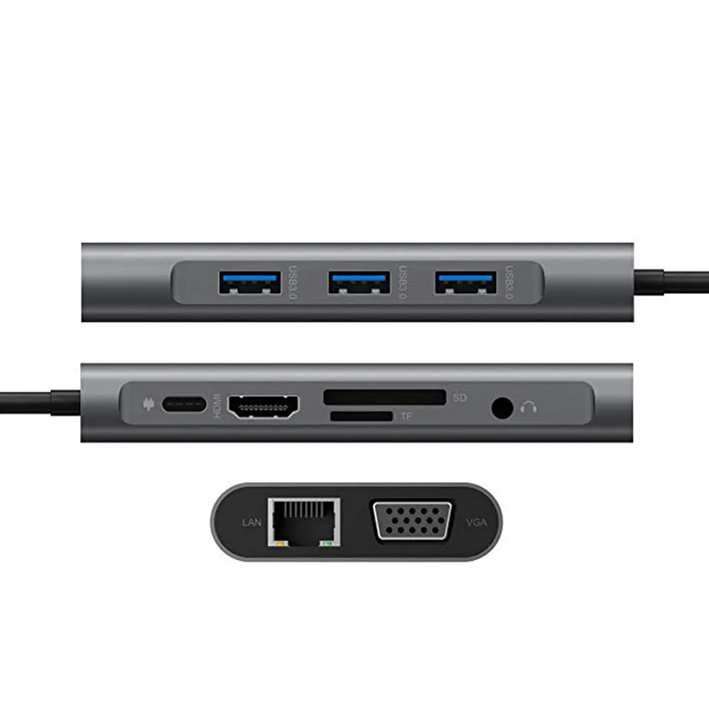 USB-C to HDMI ten-in-one expansion dock in grey with ports and integrated cable
