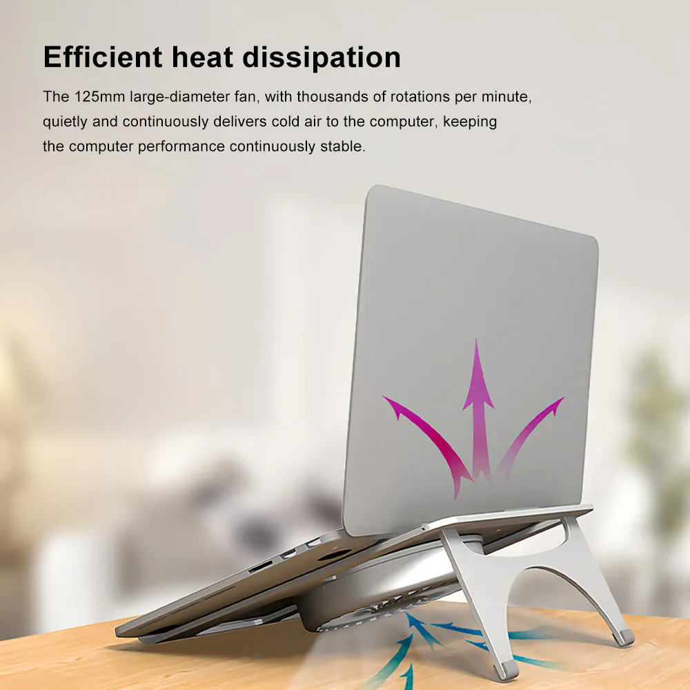 Silver M9 aluminium alloy folding lifting laptop cooling bracket on a desktop