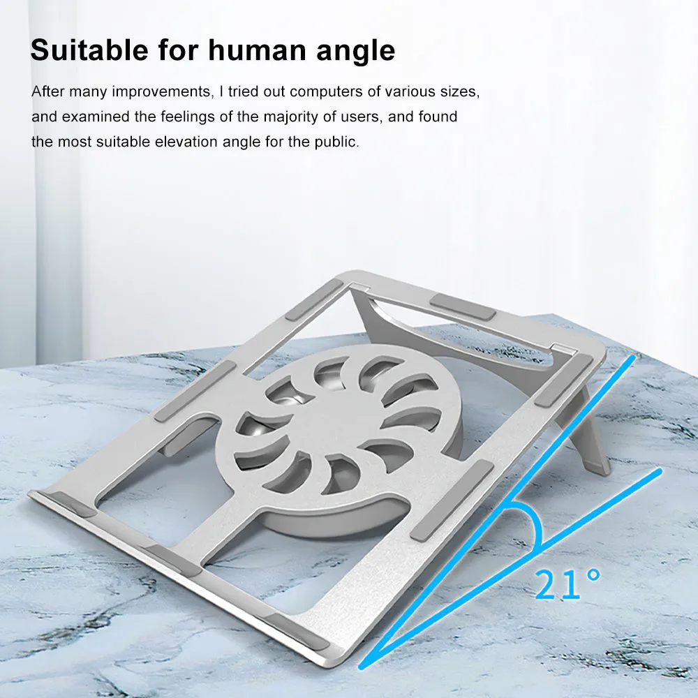 Silver M9 aluminium alloy folding lifting laptop cooling bracket on a desktop