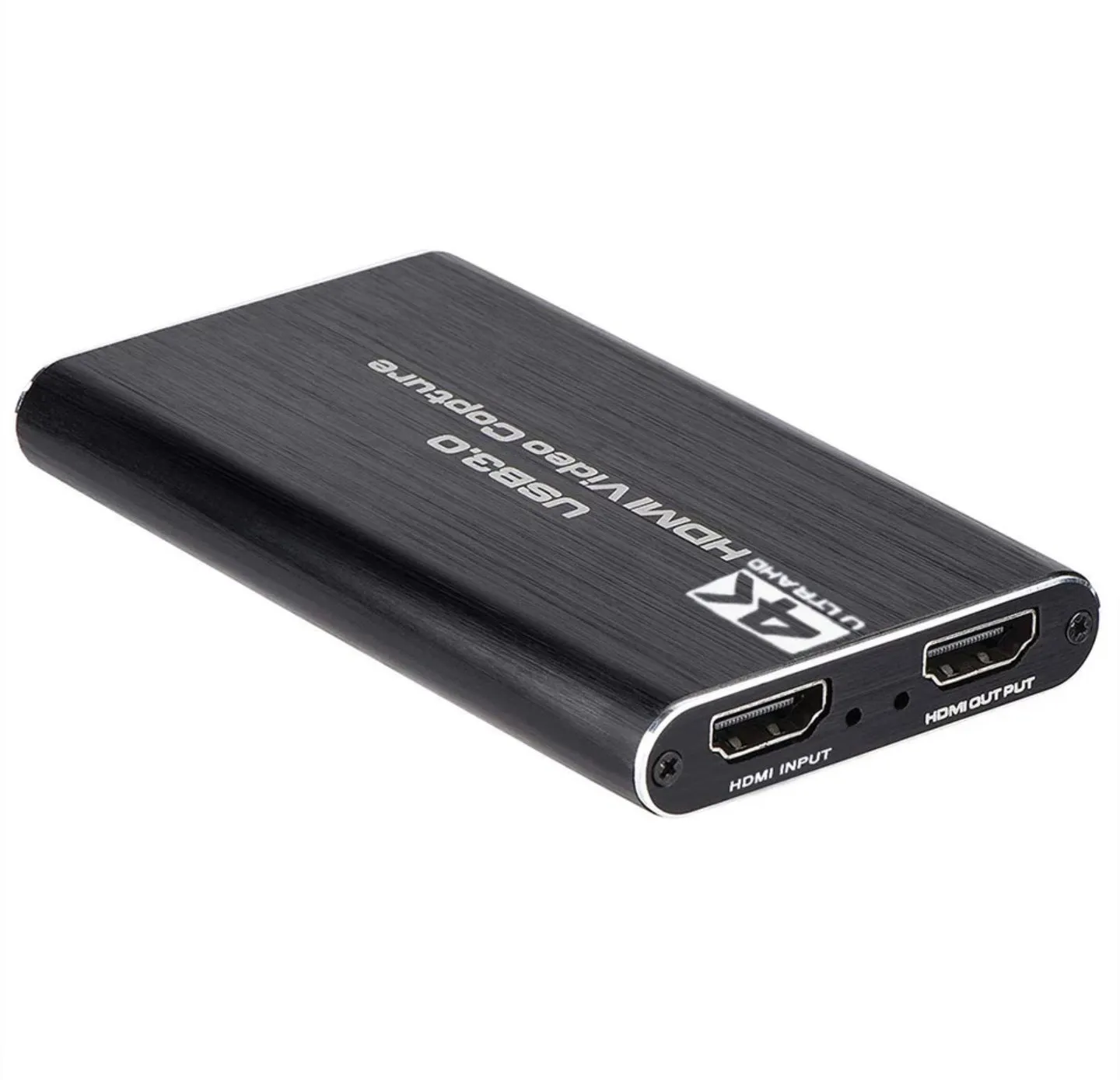 Black HDMI video capture card with USB 3.0 interface for 4K screen recording and 1080p 60fps game capture