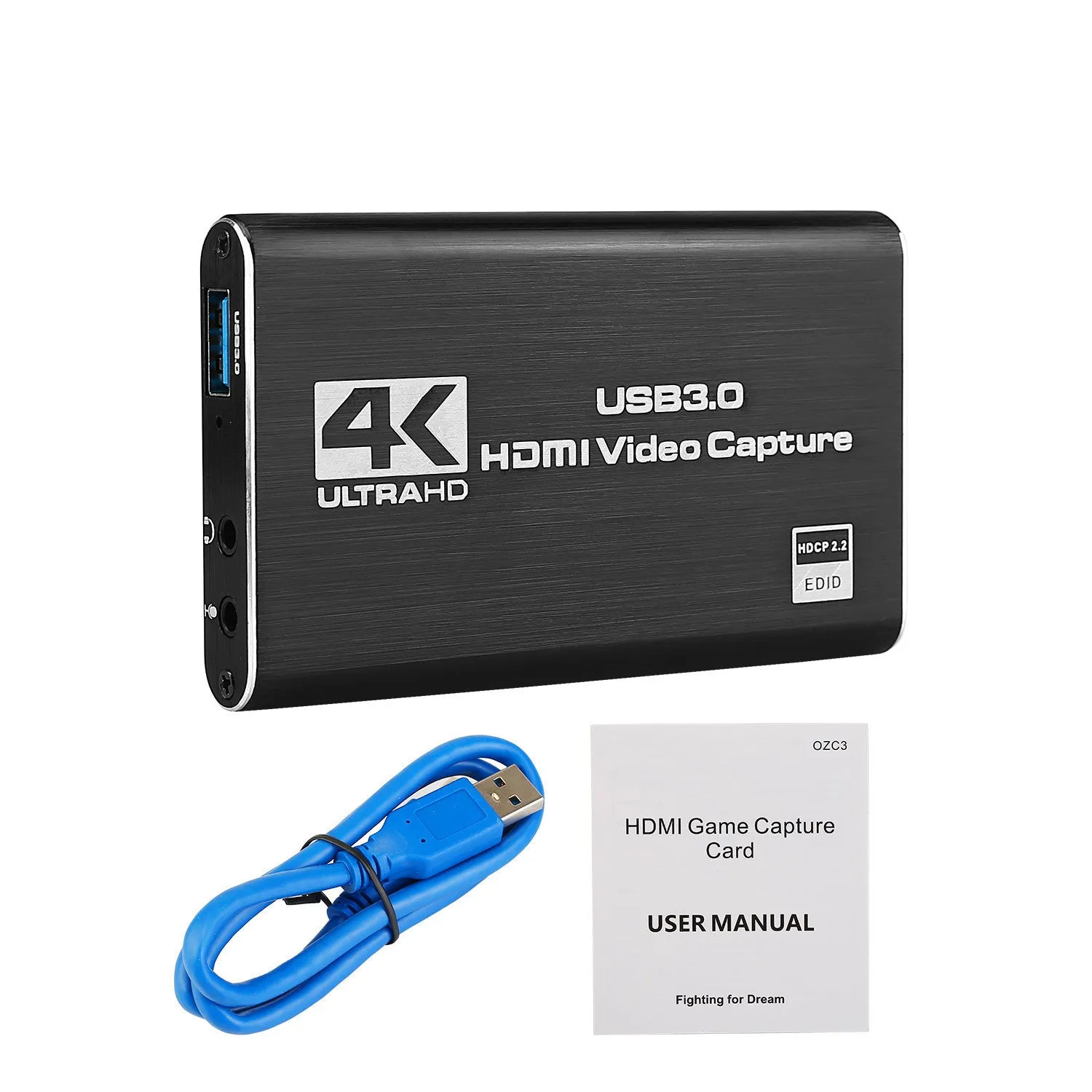 Black HDMI video capture card with USB 3.0 interface for 4K screen recording and 1080p 60fps game capture