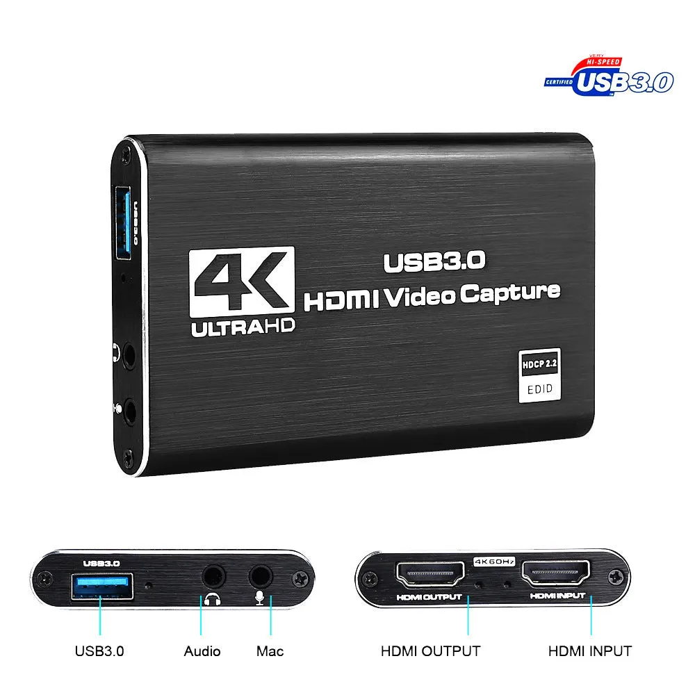 Black HDMI video capture card with USB 3.0 interface for 4K screen recording and 1080p 60fps game capture