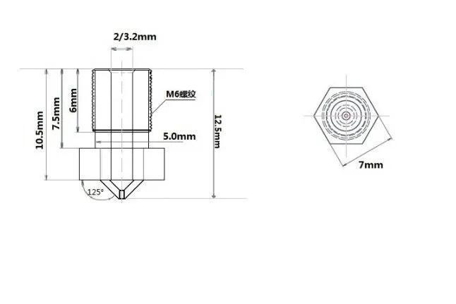 Brass 3D printer nozzle with M6 thread and 1.75mm filament support, 7mm x 12mm size