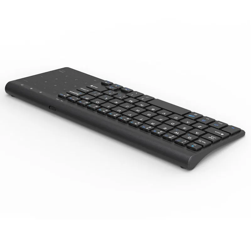Compact black wireless keyboard with 59 keys, low battery alarm, and ≤10m wireless range