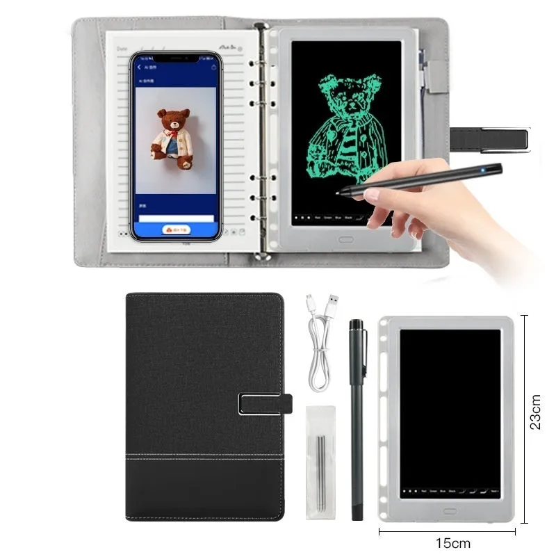 85-inch electronic writing pad with stitching design, smart pen, and USB cable in black, blue, or sky blue.