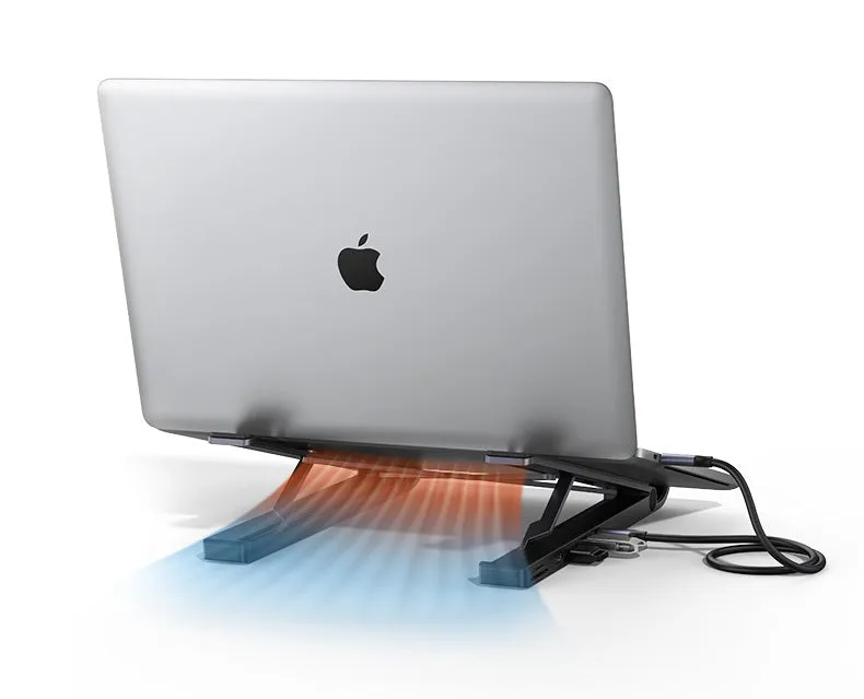 Aluminum alloy folding laptop cooling rack with built-in 5-in-1 hub featuring HDMI, USB3.0x2, Type-C, and card reader