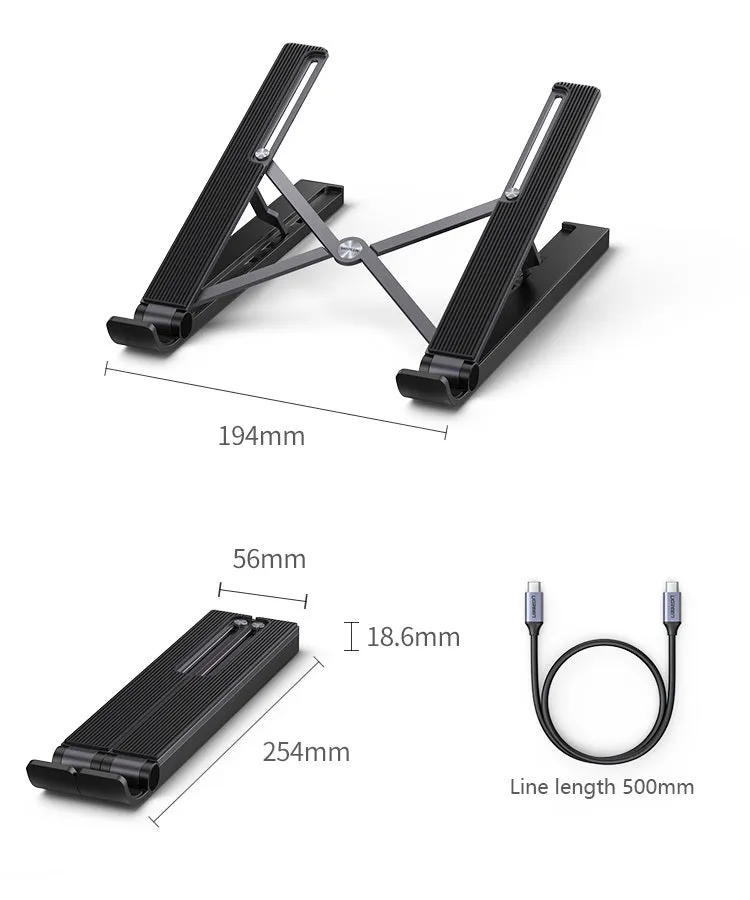 Aluminum alloy folding laptop cooling rack with built-in 5-in-1 hub featuring HDMI, USB3.0x2, Type-C, and card reader