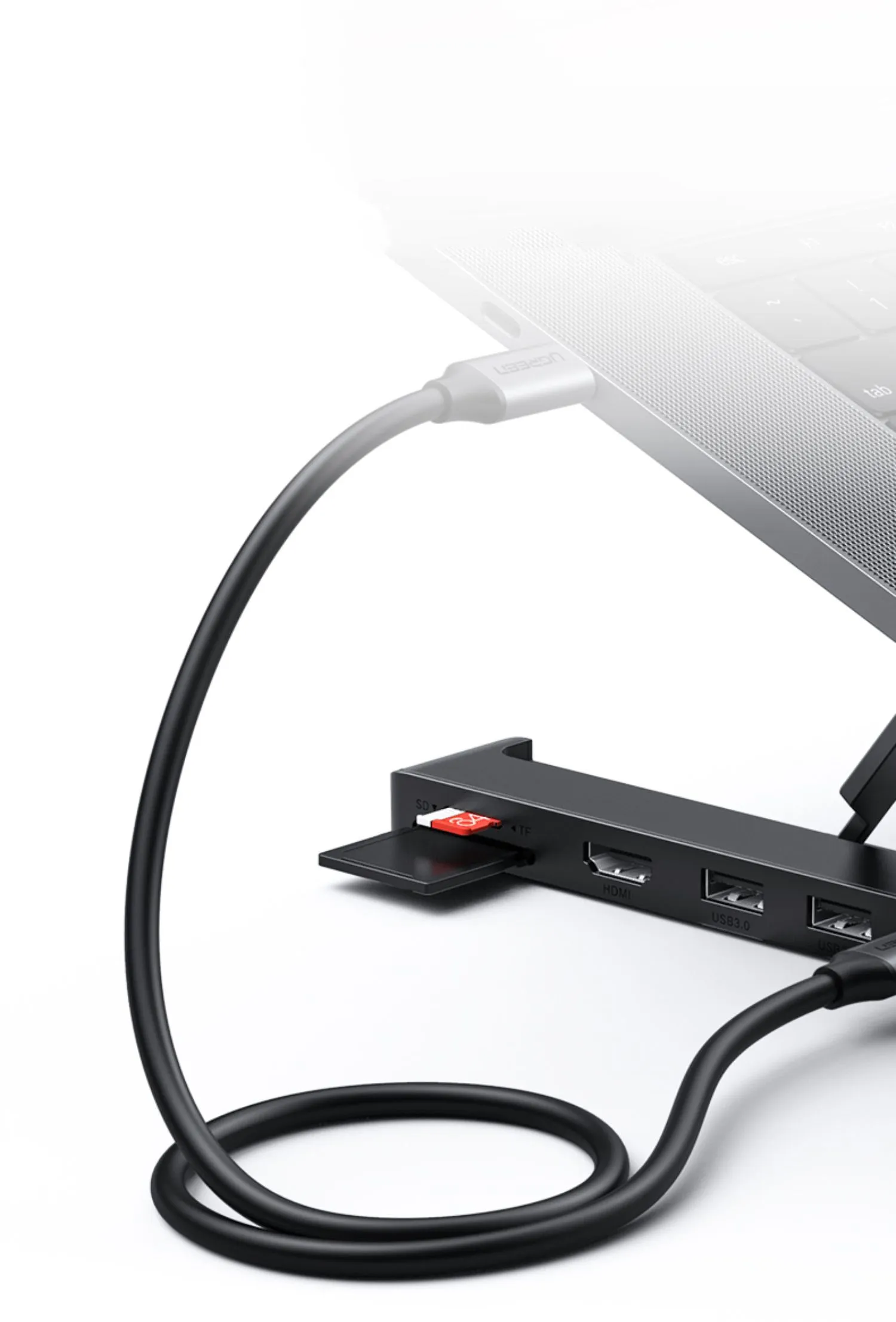 Aluminum alloy folding laptop cooling rack with built-in 5-in-1 hub featuring HDMI, USB3.0x2, Type-C, and card reader