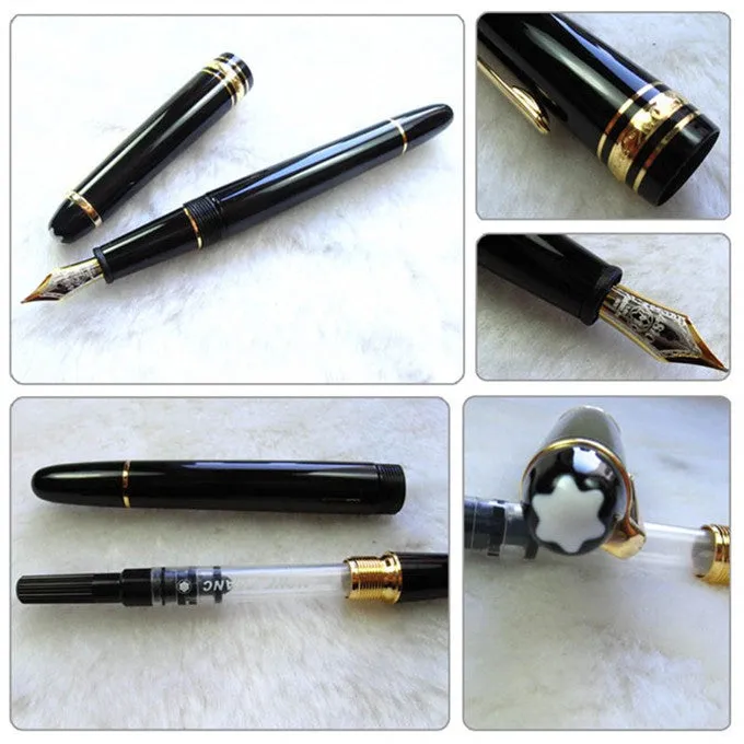Black fountain pen with gold clip and two-colour nib, 0.7mm iridium tip, on a desk
