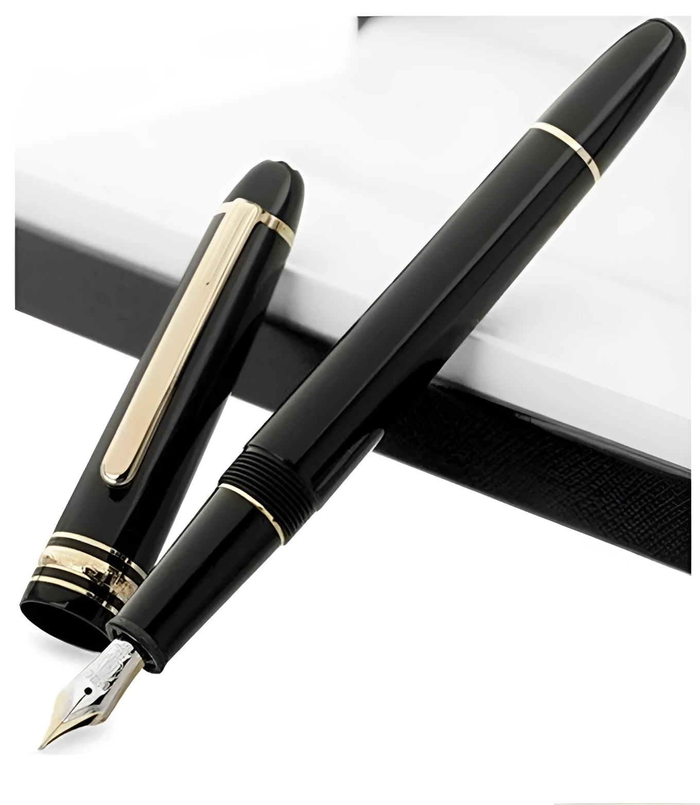 Black fountain pen with gold clip and two-colour nib, 0.7mm iridium tip, on a desk