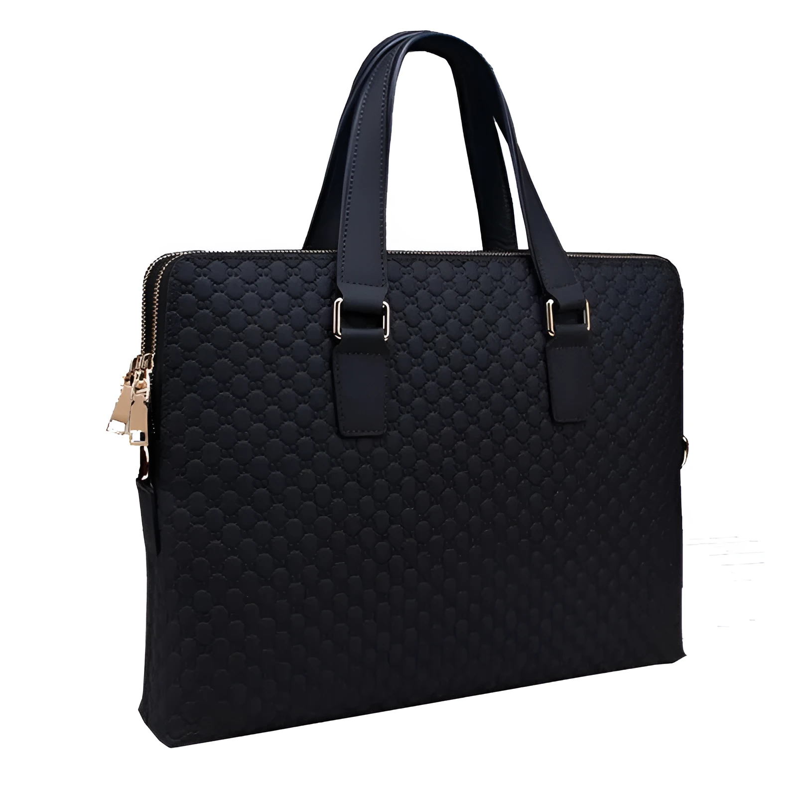 Genuine leather men's business handbag in blue with embossed geometric pattern, soft handles, and zipper closure, designed for a 14-inch laptop
