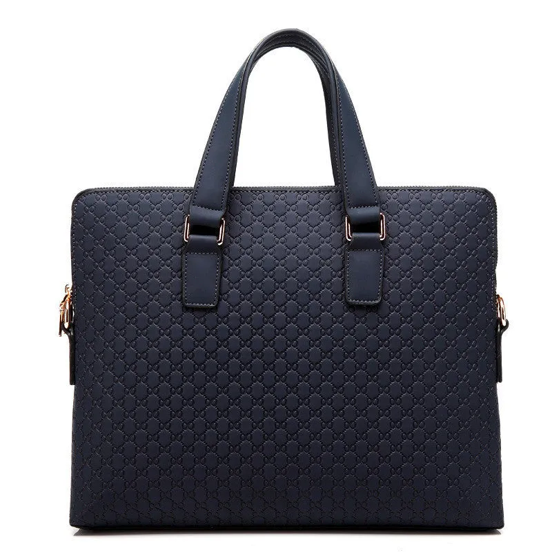 Genuine leather men's business handbag in blue with embossed geometric pattern, soft handles, and zipper closure, designed for a 14-inch laptop