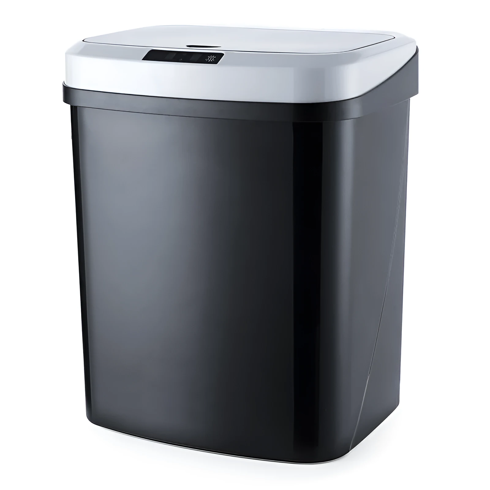 Smart induction trash can in black plastic with lid open, for kitchen or bathroom