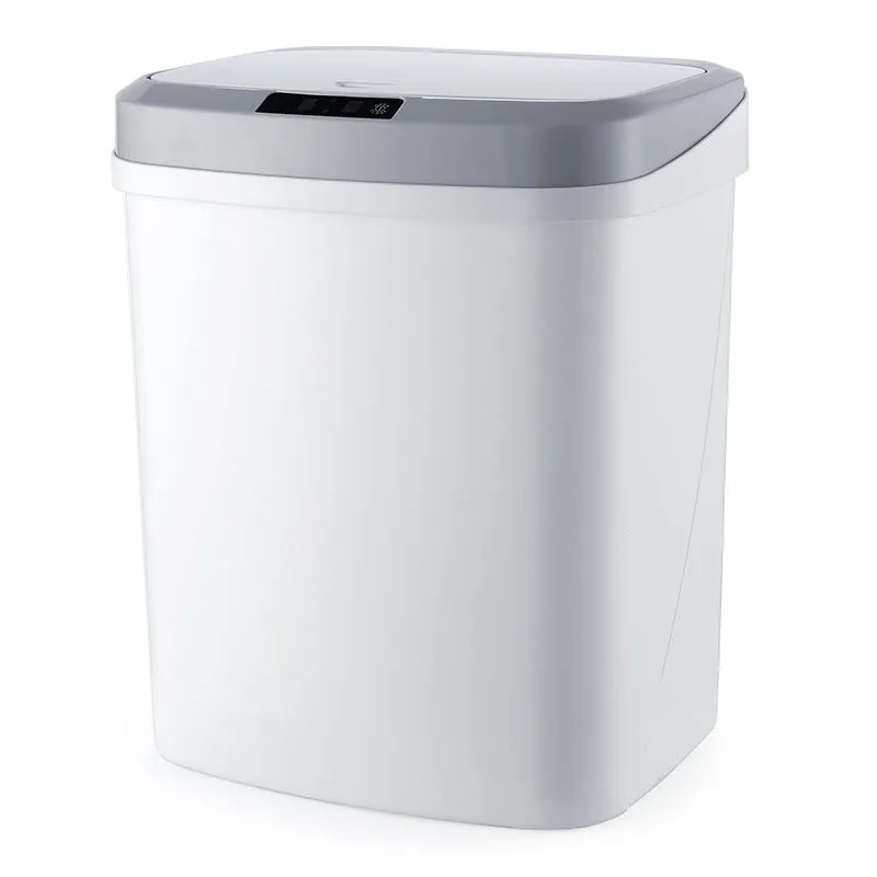 Smart induction trash can in black plastic with lid open, for kitchen or bathroom
