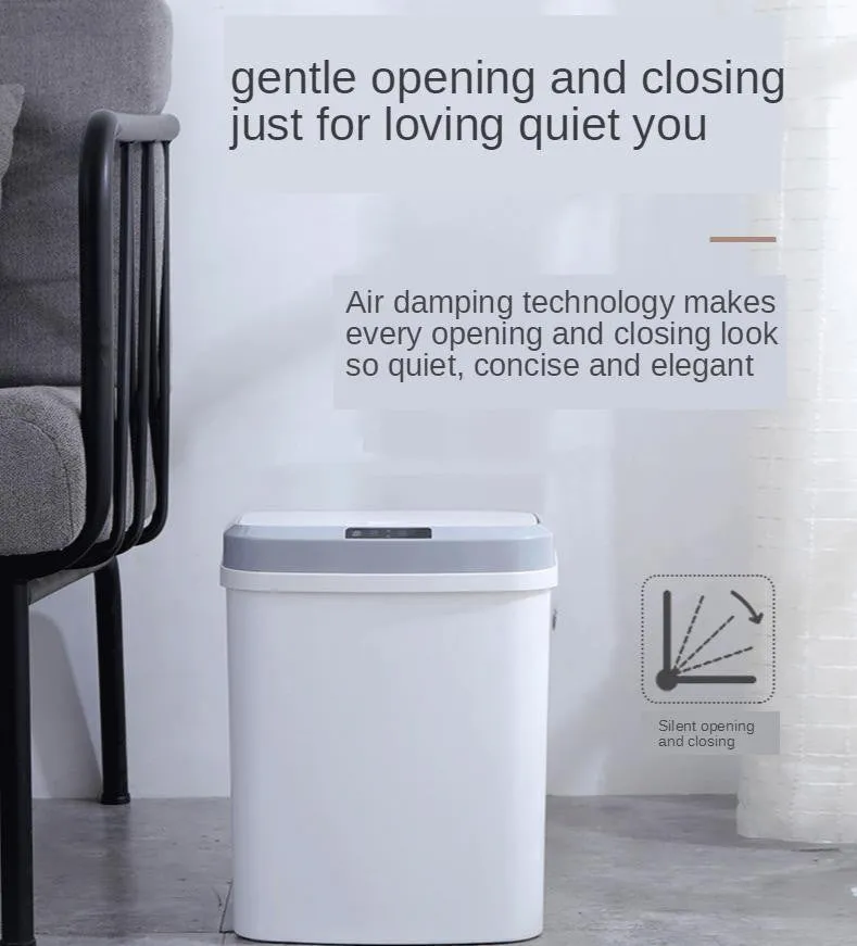 Smart induction trash can in black plastic with lid open, for kitchen or bathroom