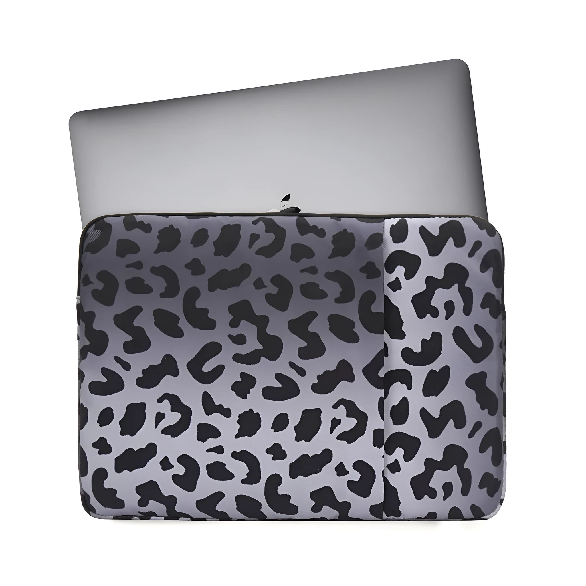 Leopard print laptop sleeve showing anti-shock flannel interior and waterproof polyester exterior for 13-16 inch laptops