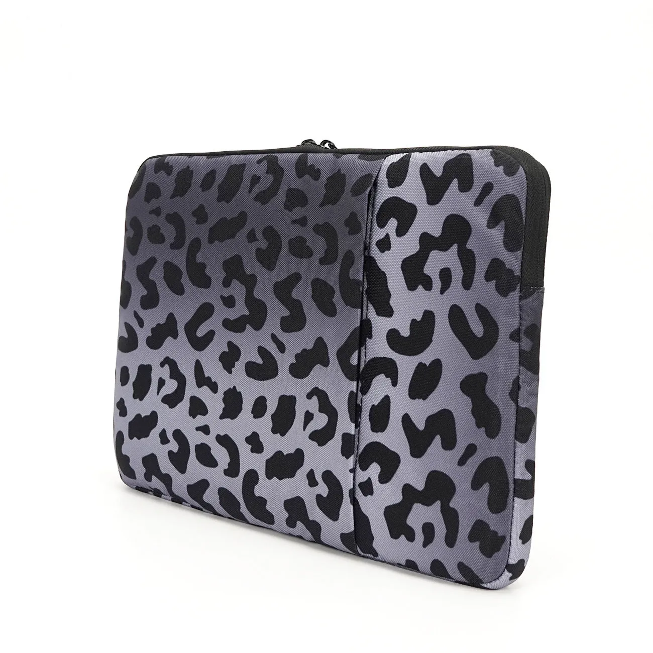 Leopard print laptop sleeve showing anti-shock flannel interior and waterproof polyester exterior for 13-16 inch laptops