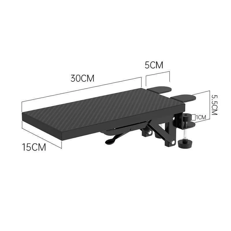 Ergonomic hand bracket in black carbon fiber veneer on a desk for arm support during computer use