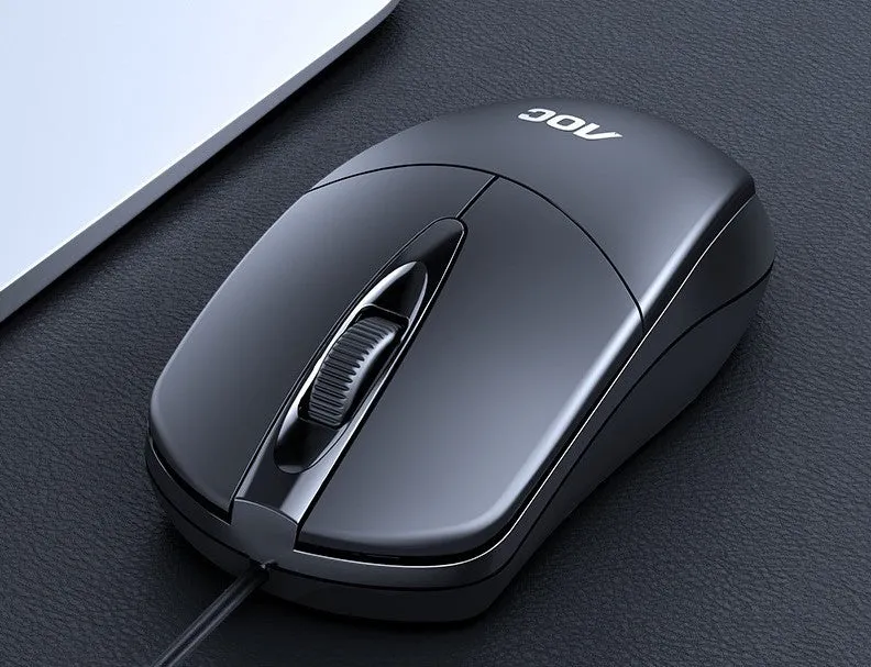 Black AOC-MS121 wired USB optical mouse on a desk for office use