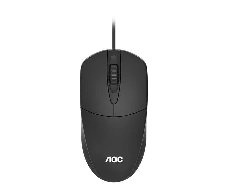 Black AOC-MS121 wired USB optical mouse on a desk for office use