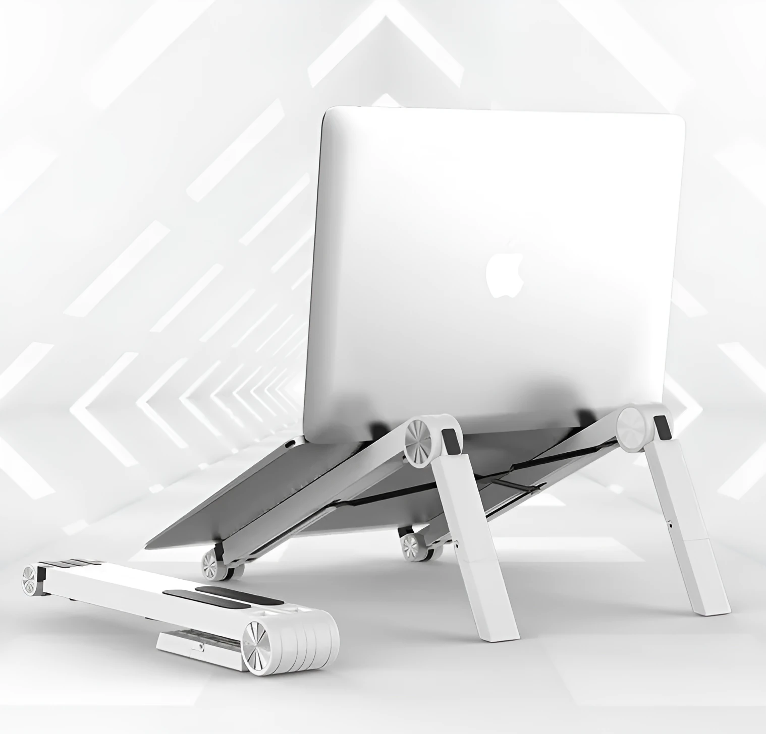 Folding notebook computer stand in black, expanded with three adjustable angle gears, shown with a laptop