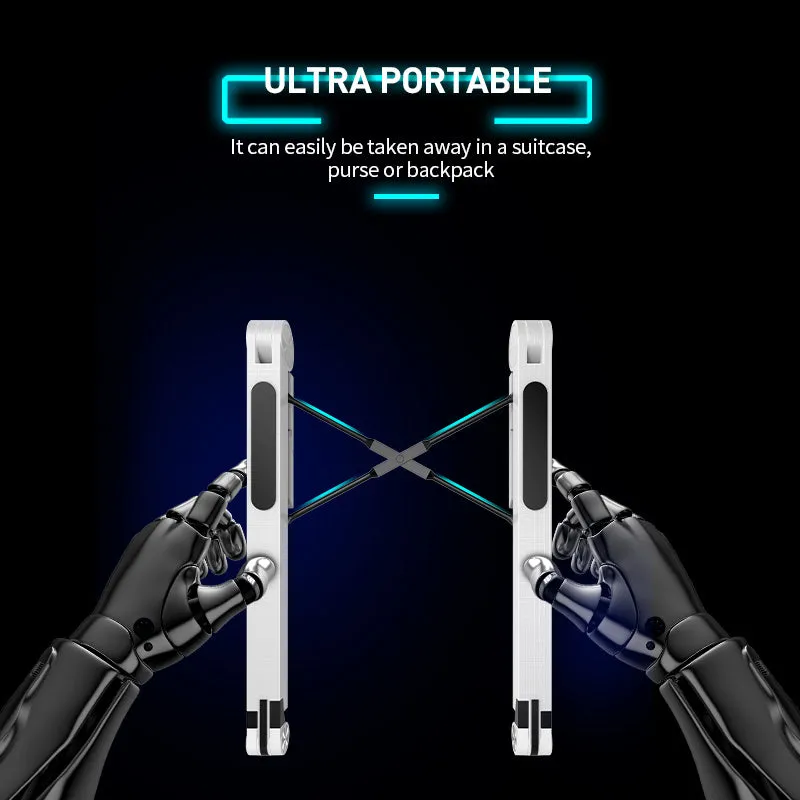 Folding notebook computer stand in black, expanded with three adjustable angle gears, shown with a laptop