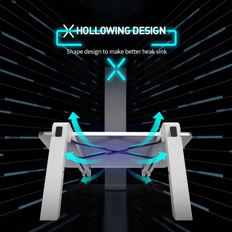 Folding notebook computer stand in black, expanded with three adjustable angle gears, shown with a laptop