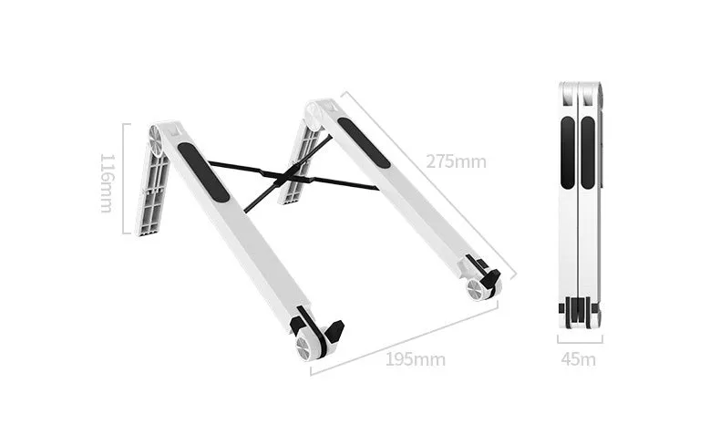 Folding notebook computer stand in black, expanded with three adjustable angle gears, shown with a laptop