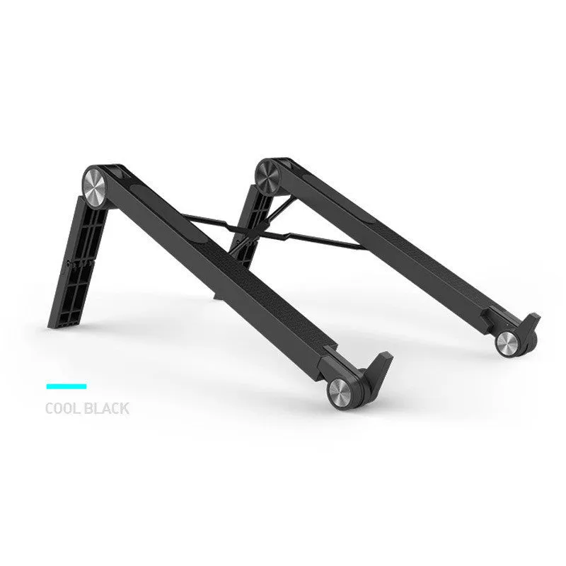 Folding notebook computer stand in black, expanded with three adjustable angle gears, shown with a laptop