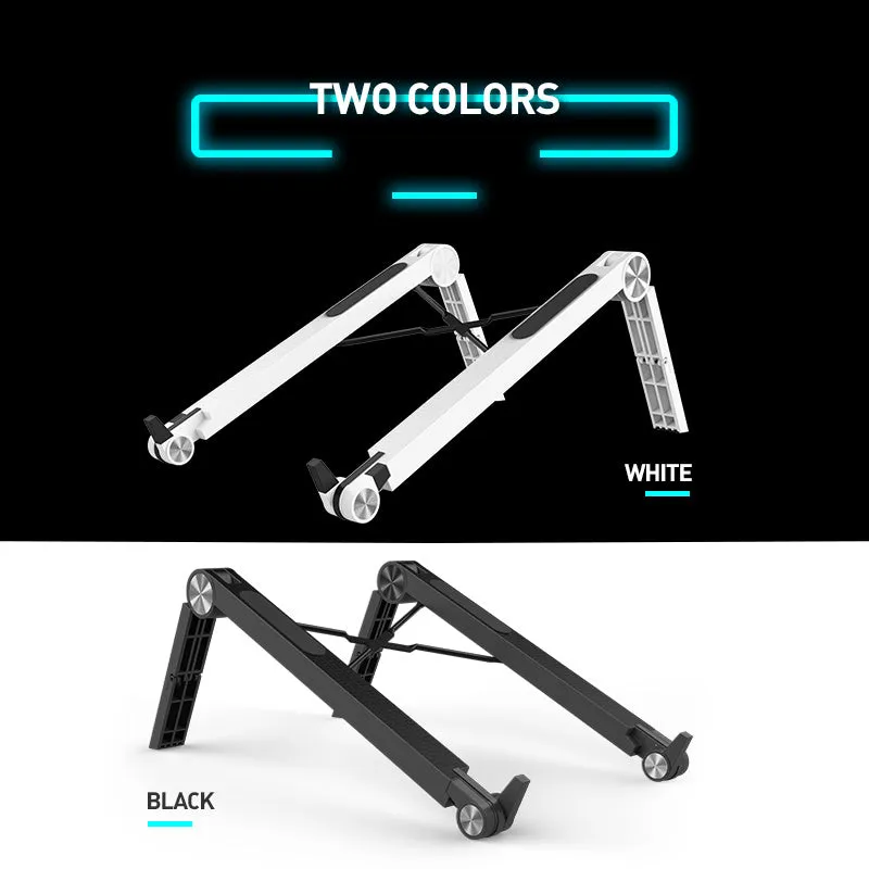 Folding notebook computer stand in black, expanded with three adjustable angle gears, shown with a laptop