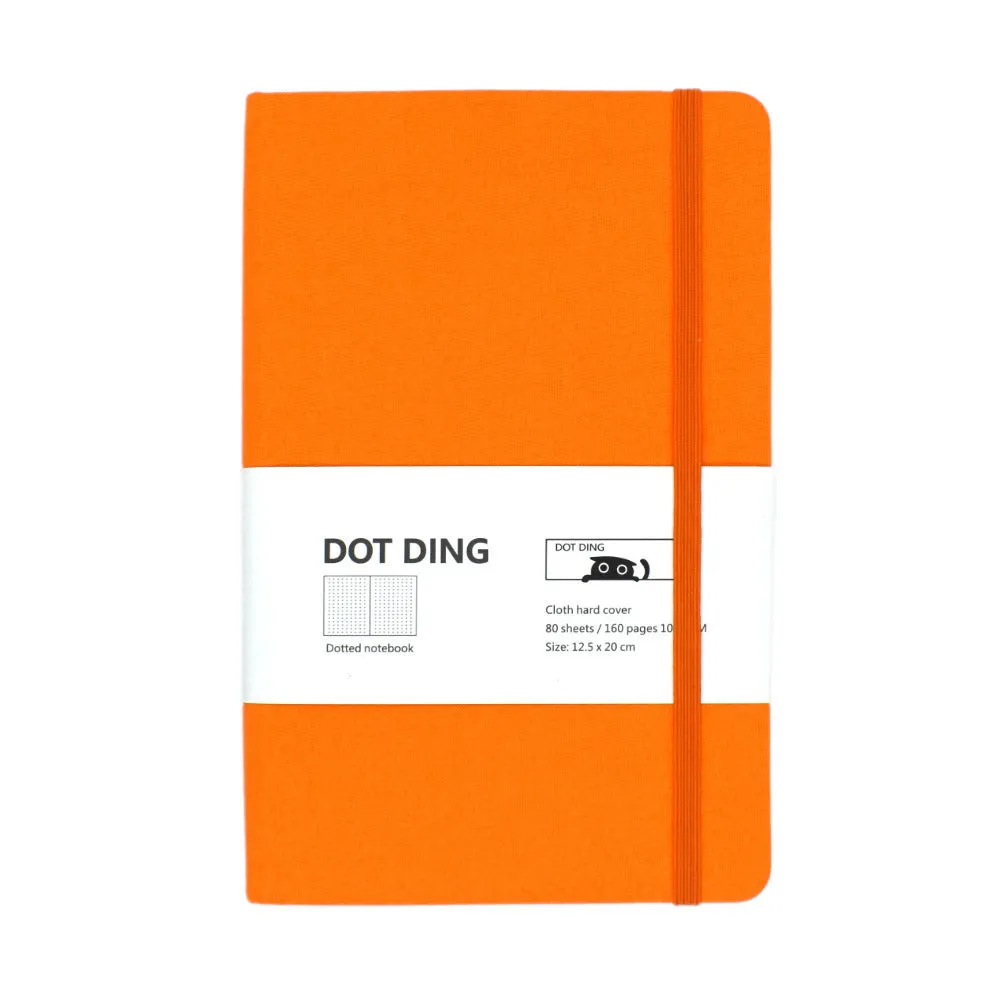 A5 dot grid bullet journal with fabric hard cover in blue, showing open pages with dot grid spread