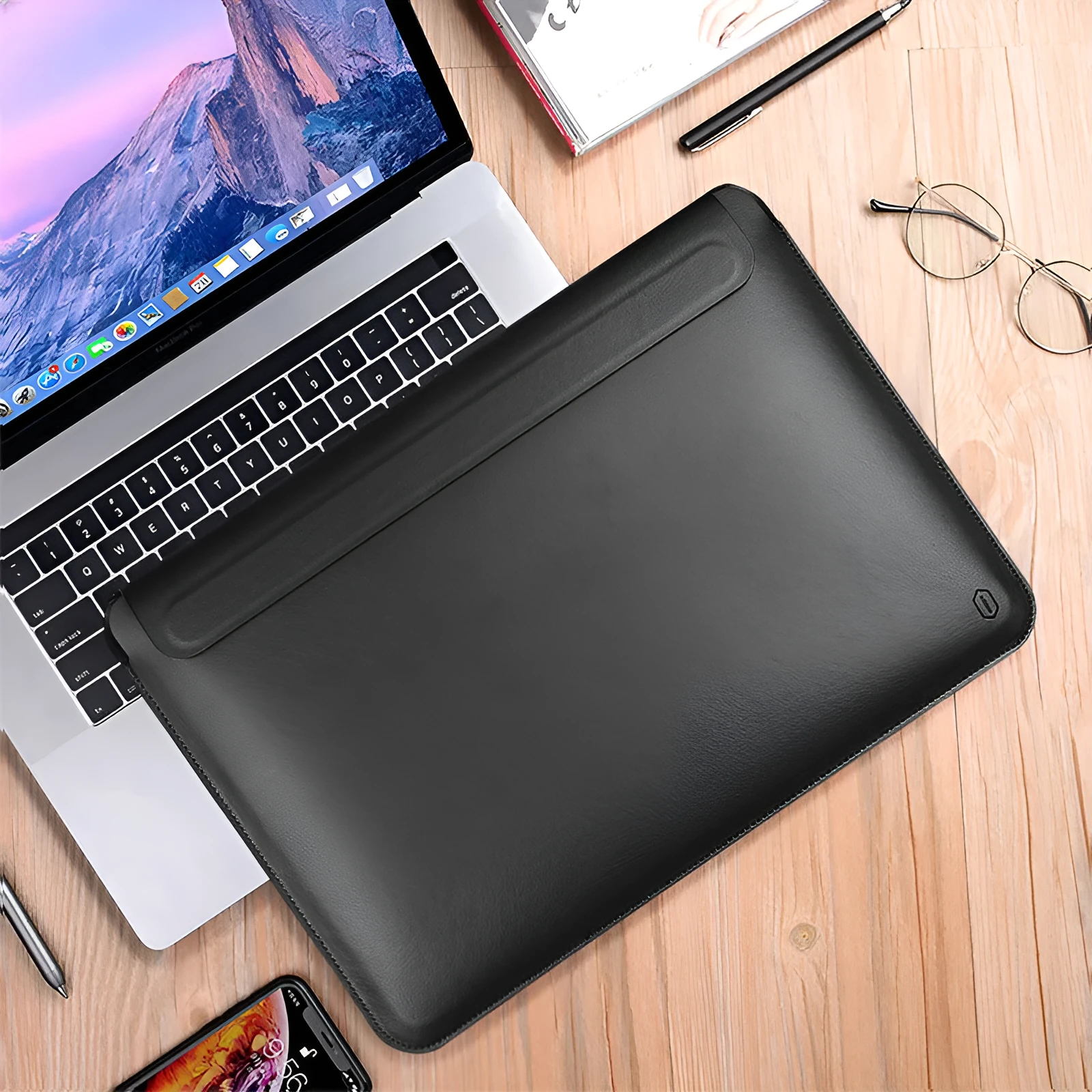 PU leather tablet computer bag in dark blue with soft handle and hook-and-loop closure for 13.3 to 16 inch laptops
