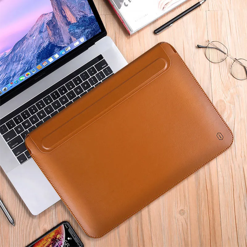 PU leather tablet computer bag in dark blue with soft handle and hook-and-loop closure for 13.3 to 16 inch laptops