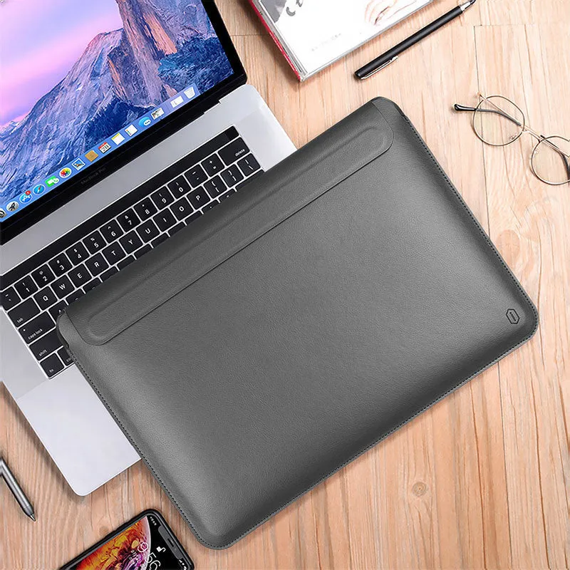 PU leather tablet computer bag in dark blue with soft handle and hook-and-loop closure for 13.3 to 16 inch laptops
