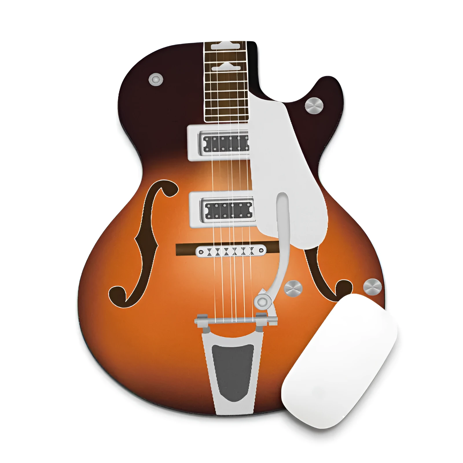 Guitar shaped computer mouse pad with natural rubber base and fine cloth surface, 22cm by 18cm