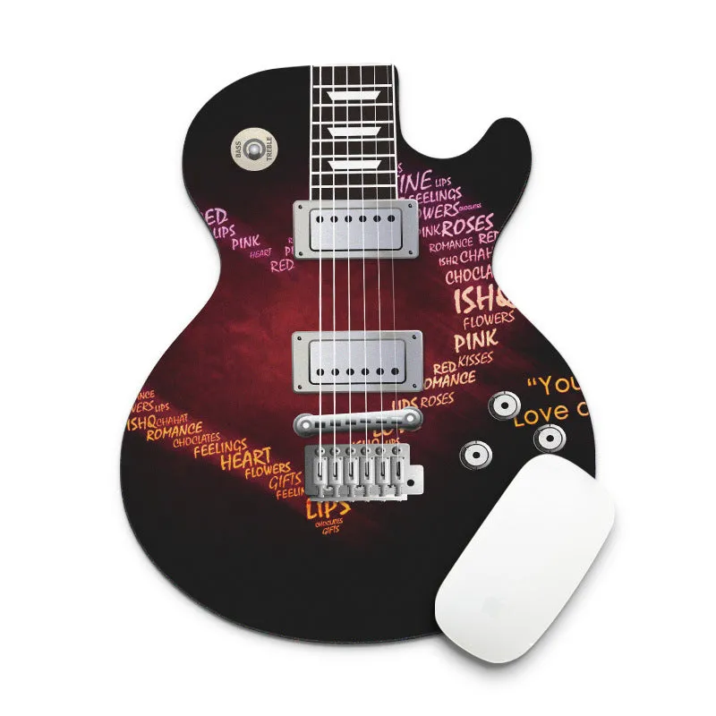Guitar shaped computer mouse pad with natural rubber base and fine cloth surface, 22cm by 18cm