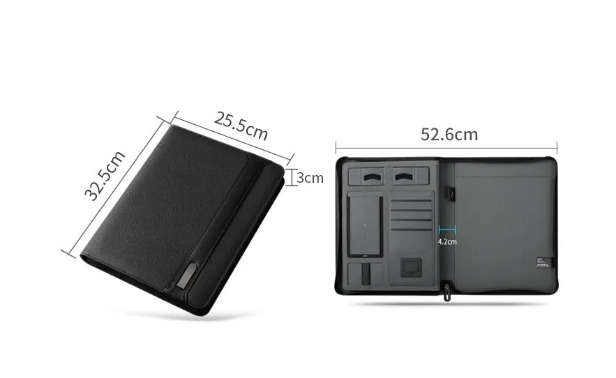 A4 multifunctional rechargeable folder notebook with wireless charger, 5000mAh battery, black colour-changing PU cover