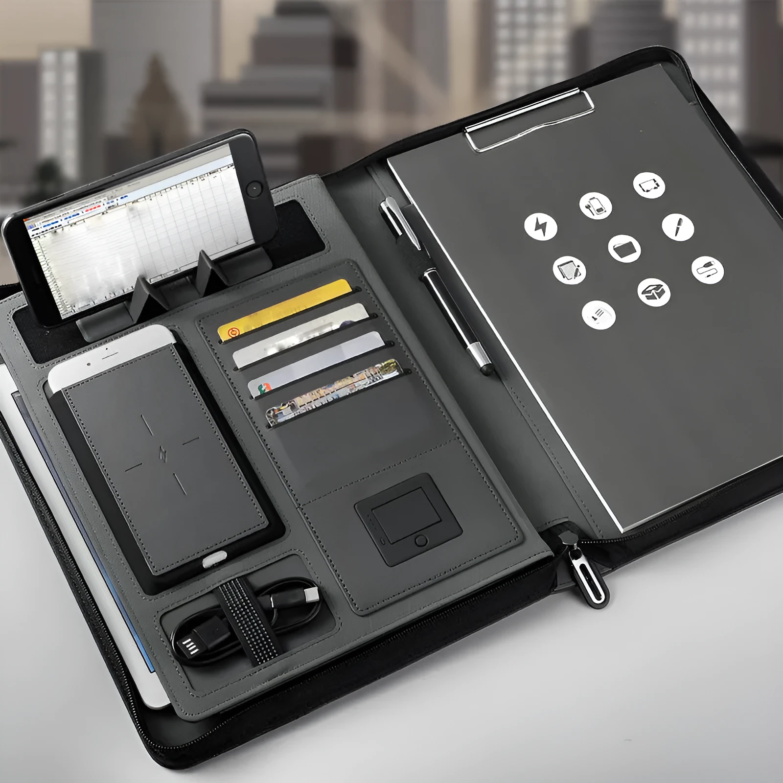 A4 multifunctional rechargeable folder notebook with wireless charger, 5000mAh battery, black colour-changing PU cover