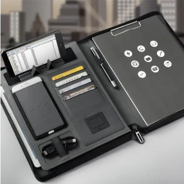 A4 multifunctional rechargeable folder notebook with wireless charger, 5000mAh battery, black colour-changing PU cover