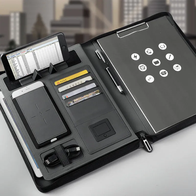 A4 multifunctional rechargeable folder notebook with wireless charger, 5000mAh battery, black colour-changing PU cover