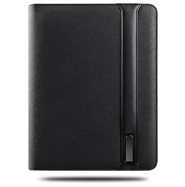 A4 multifunctional rechargeable folder notebook with wireless charger, 5000mAh battery, black colour-changing PU cover