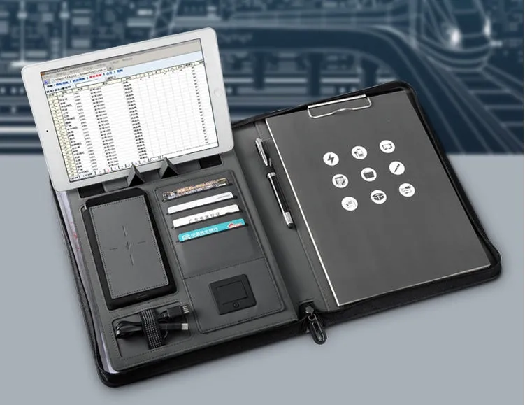 A4 multifunctional rechargeable folder notebook with wireless charger, 5000mAh battery, black colour-changing PU cover