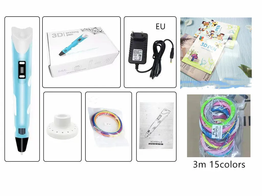 Children's 3D printing pen set with yellow pen, USB cable, and 3-colour filament on a table