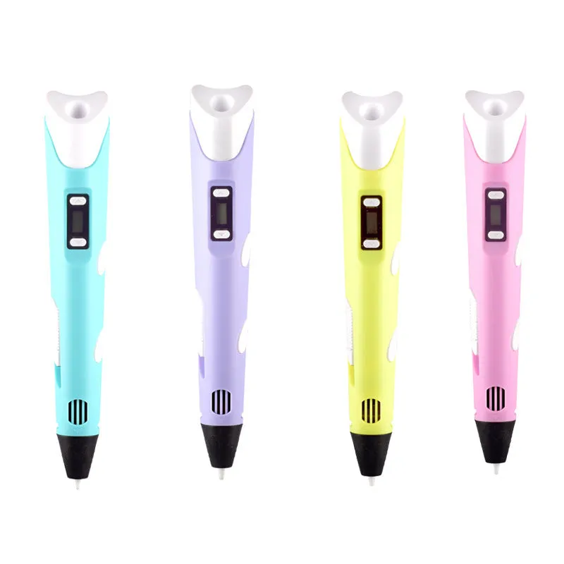 Children's 3D printing pen set with yellow pen, USB cable, and 3-colour filament on a table