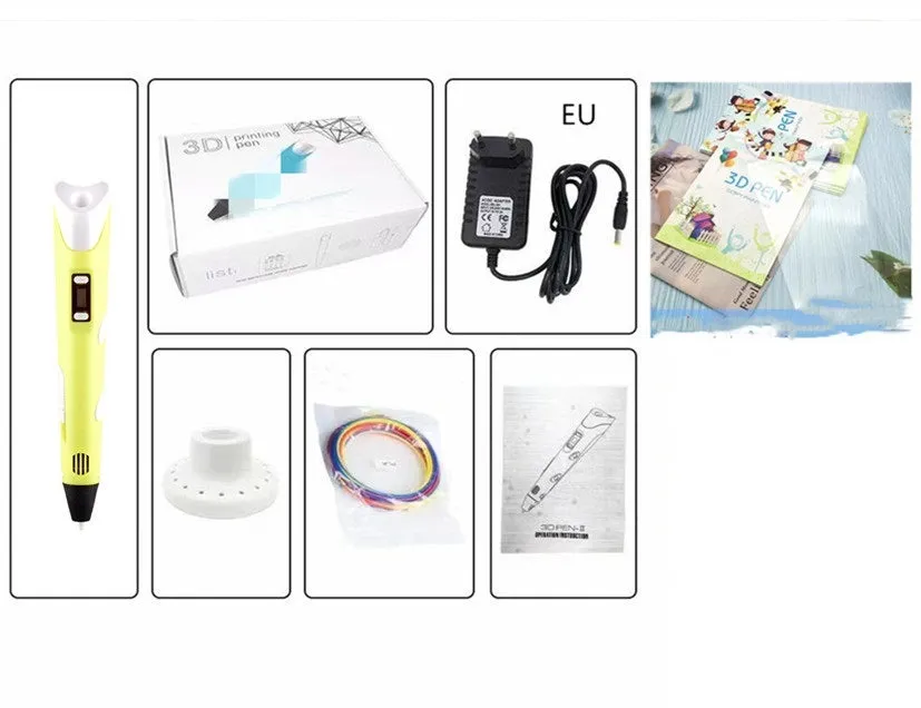 Children's 3D printing pen set with yellow pen, USB cable, and 3-colour filament on a table
