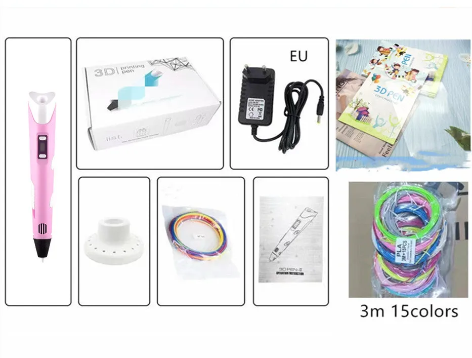 Children's 3D printing pen set with yellow pen, USB cable, and 3-colour filament on a table